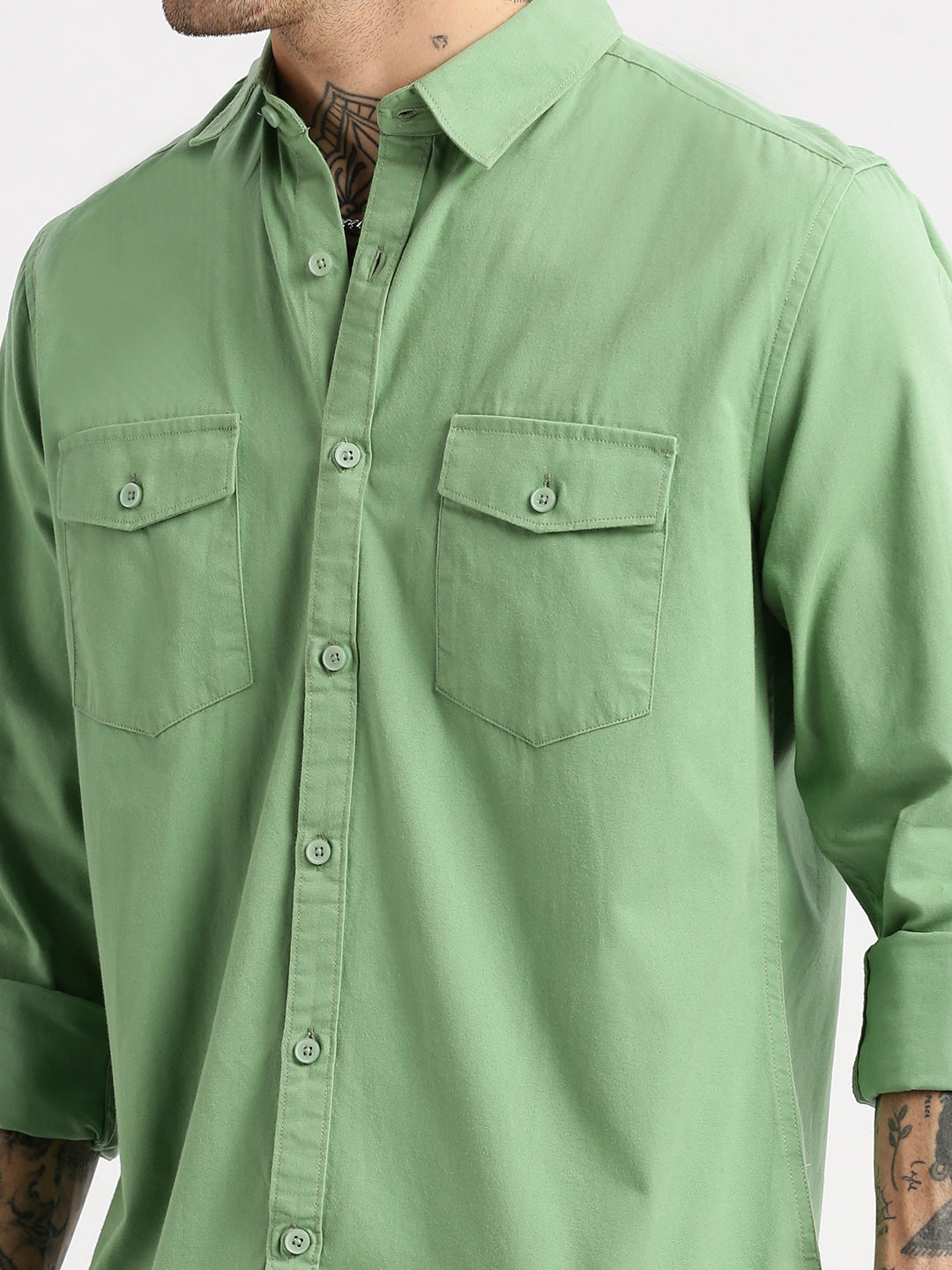 Men Spread Collar Solid Green Casual Shirt