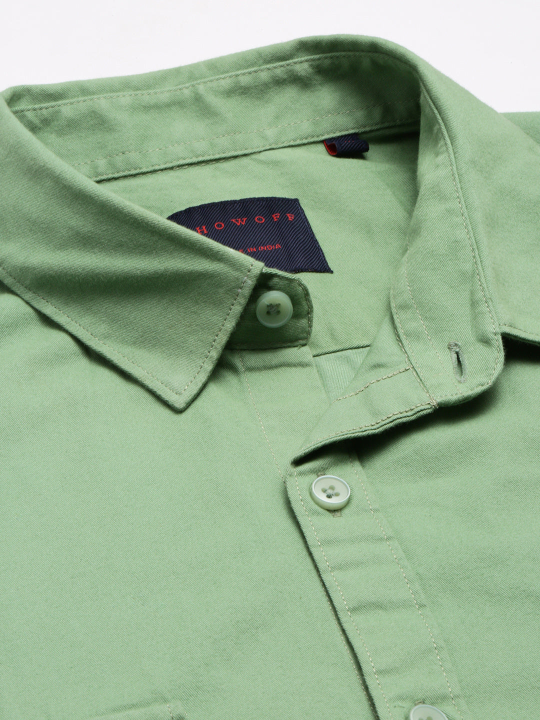 Men Spread Collar Solid Green Casual Shirt