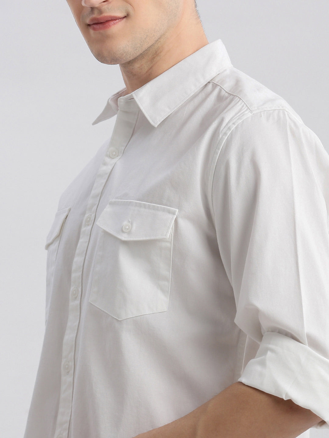 Men Spread Collar Solid White Shirt