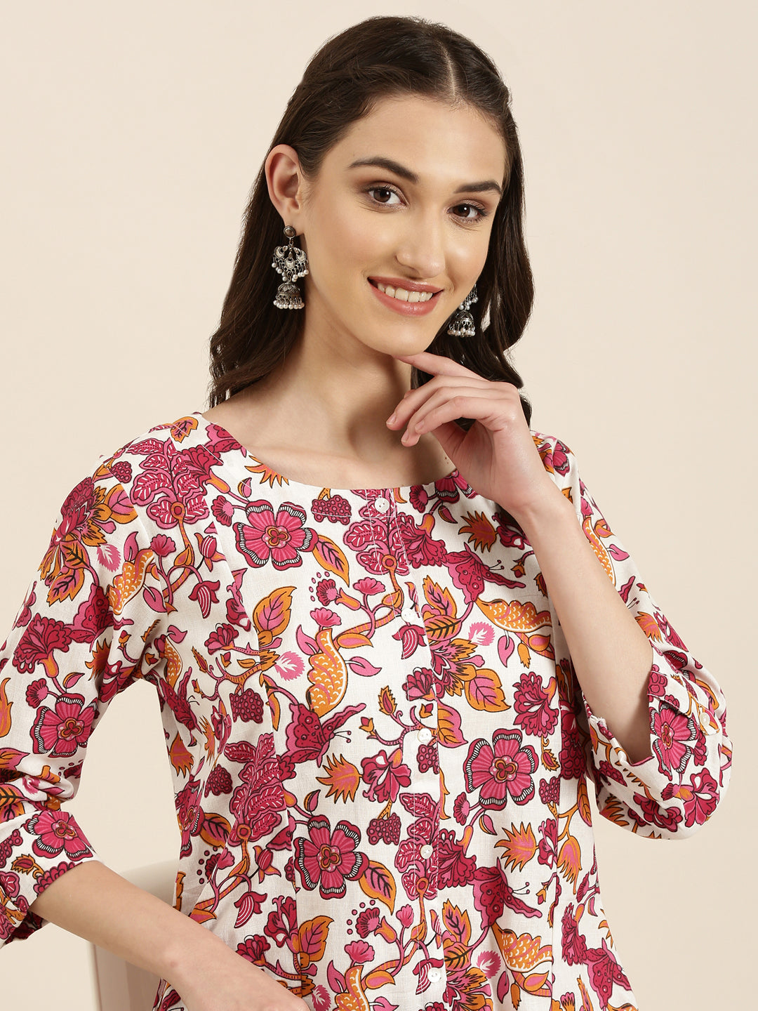 Women White Floral A-Line Kurta