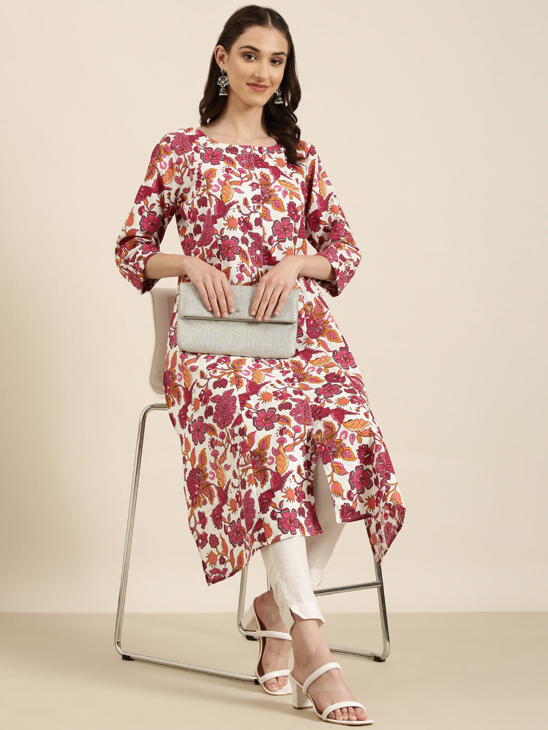 Women White Floral A-Line Kurta