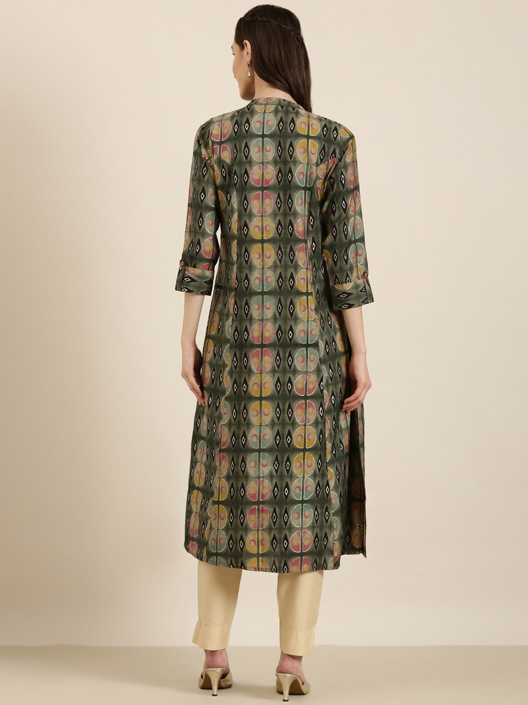 Women Olive Geometrical A-Line Kurta