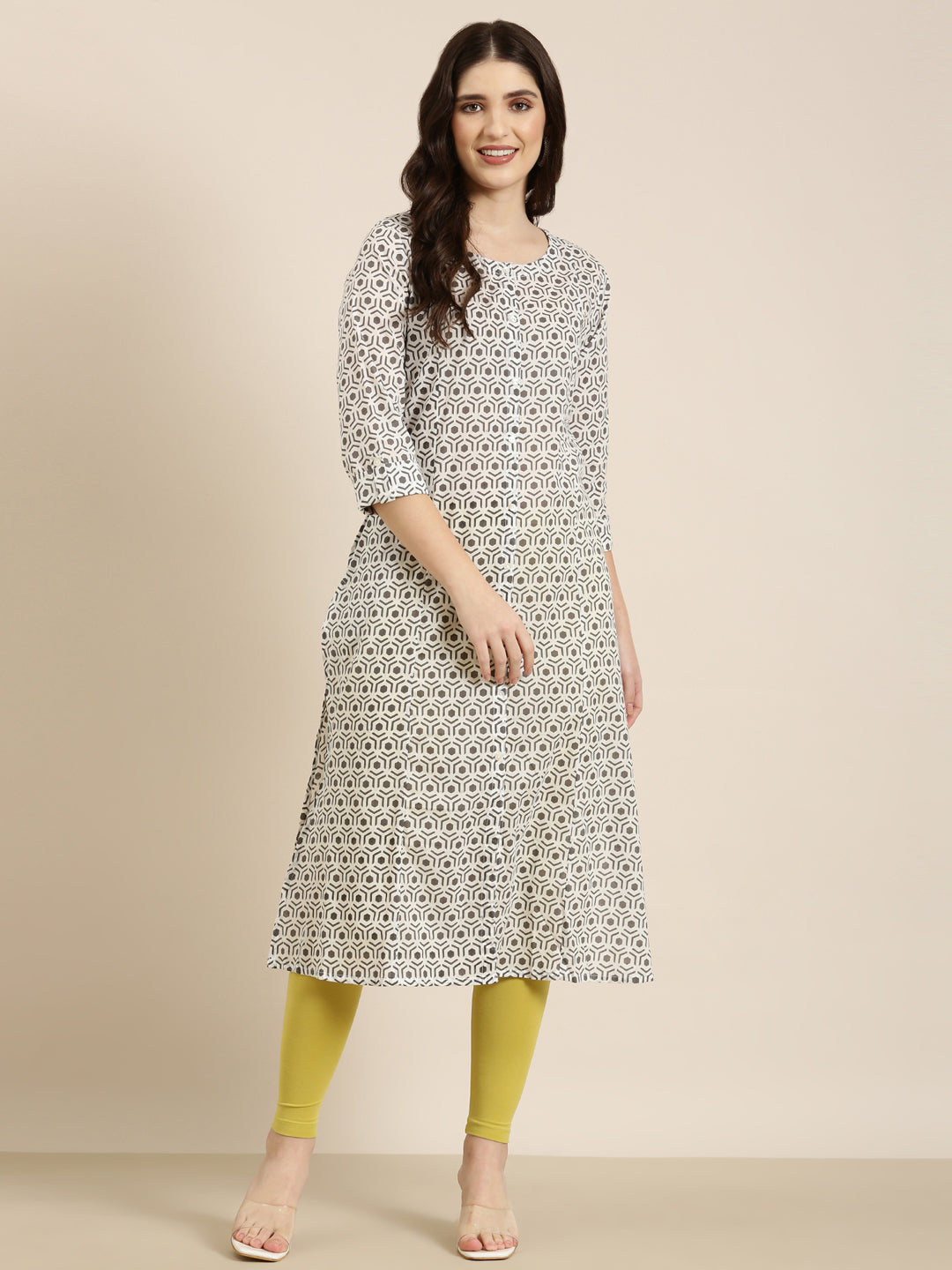 Women Cream Geometrical A-Line Kurta