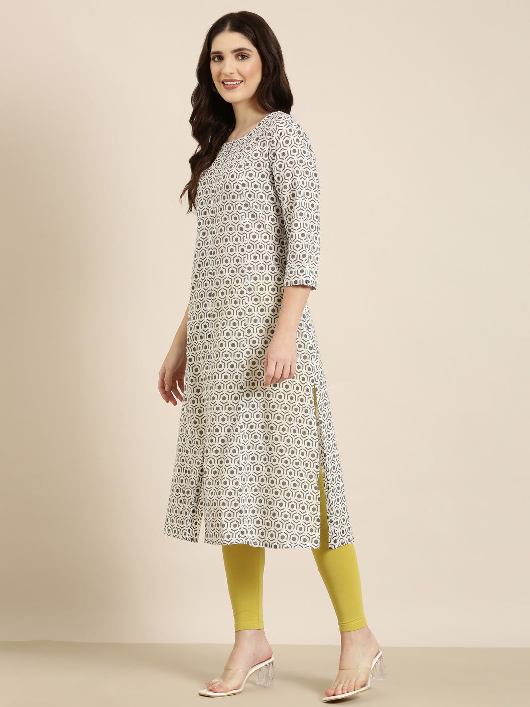 Women Cream Geometrical A-Line Kurta