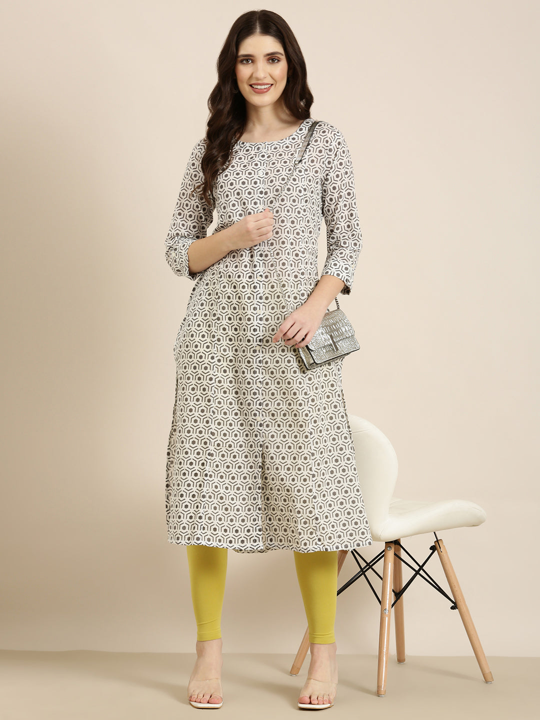 Women Cream Geometrical A-Line Kurta