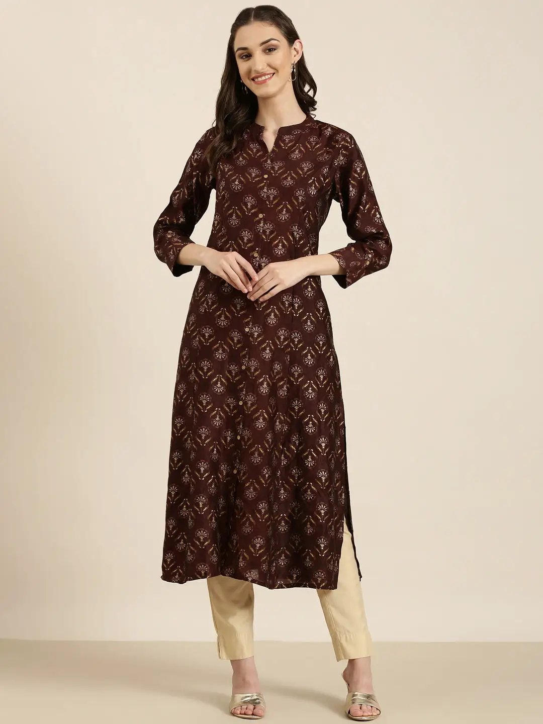 Women's Maroon Floral Straight Kurta