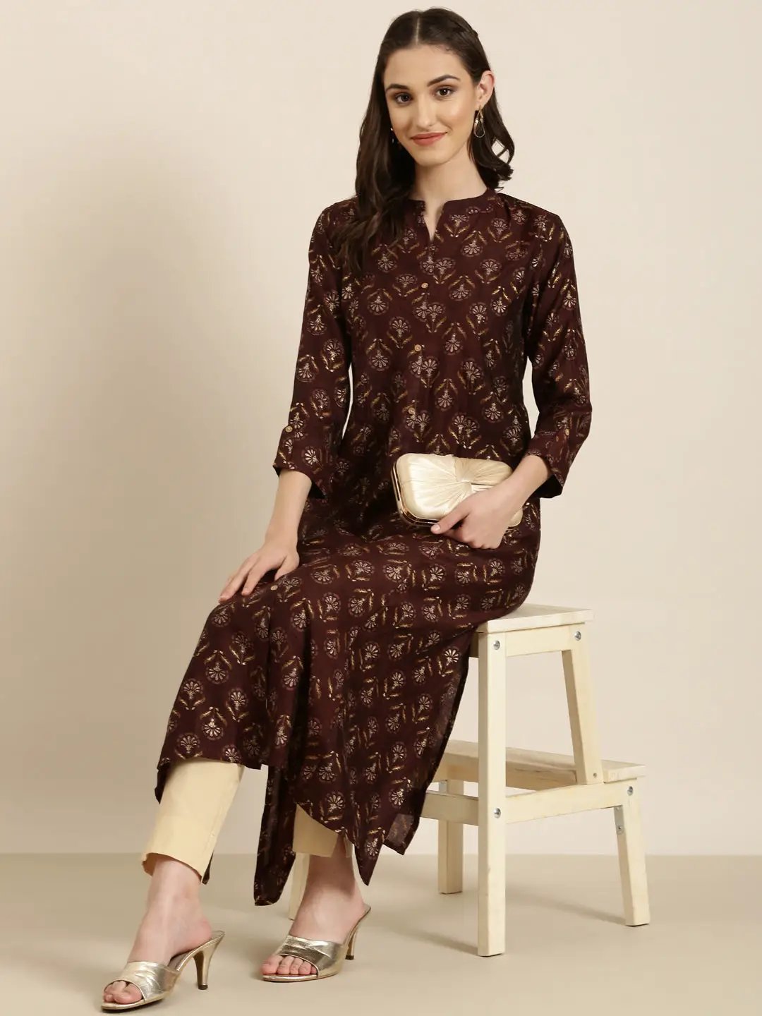 Women's Maroon Floral Straight Kurta