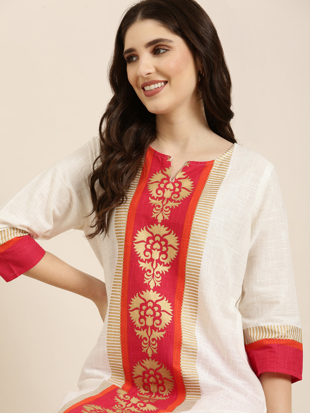 Women Cream Printed Straight Kurta