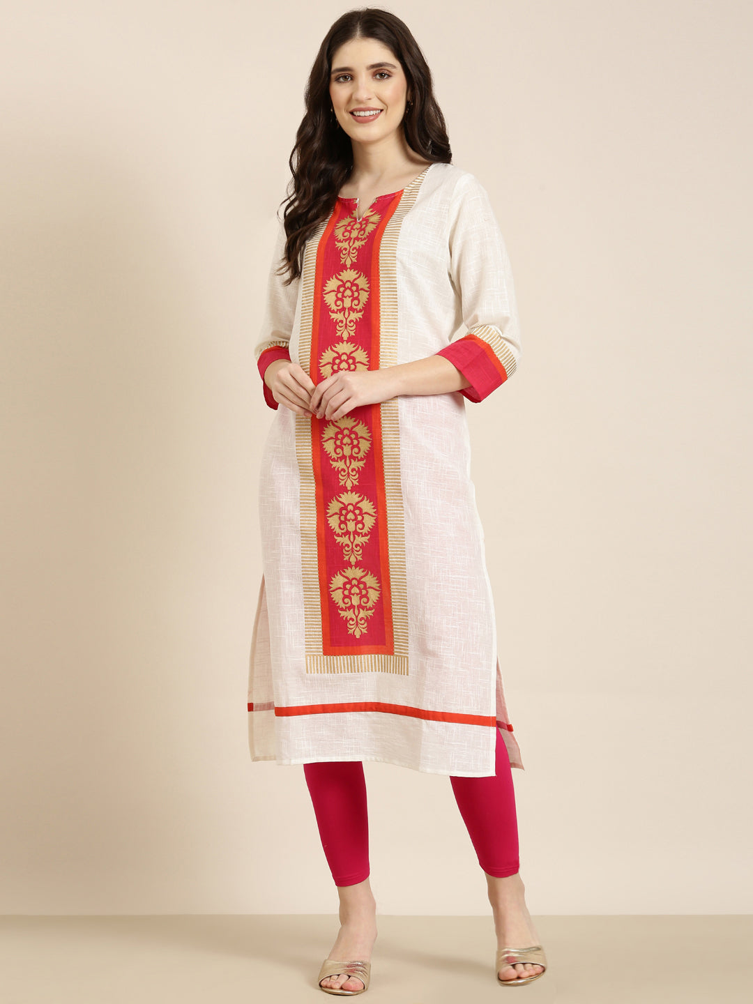 Women Cream Printed Straight Kurta