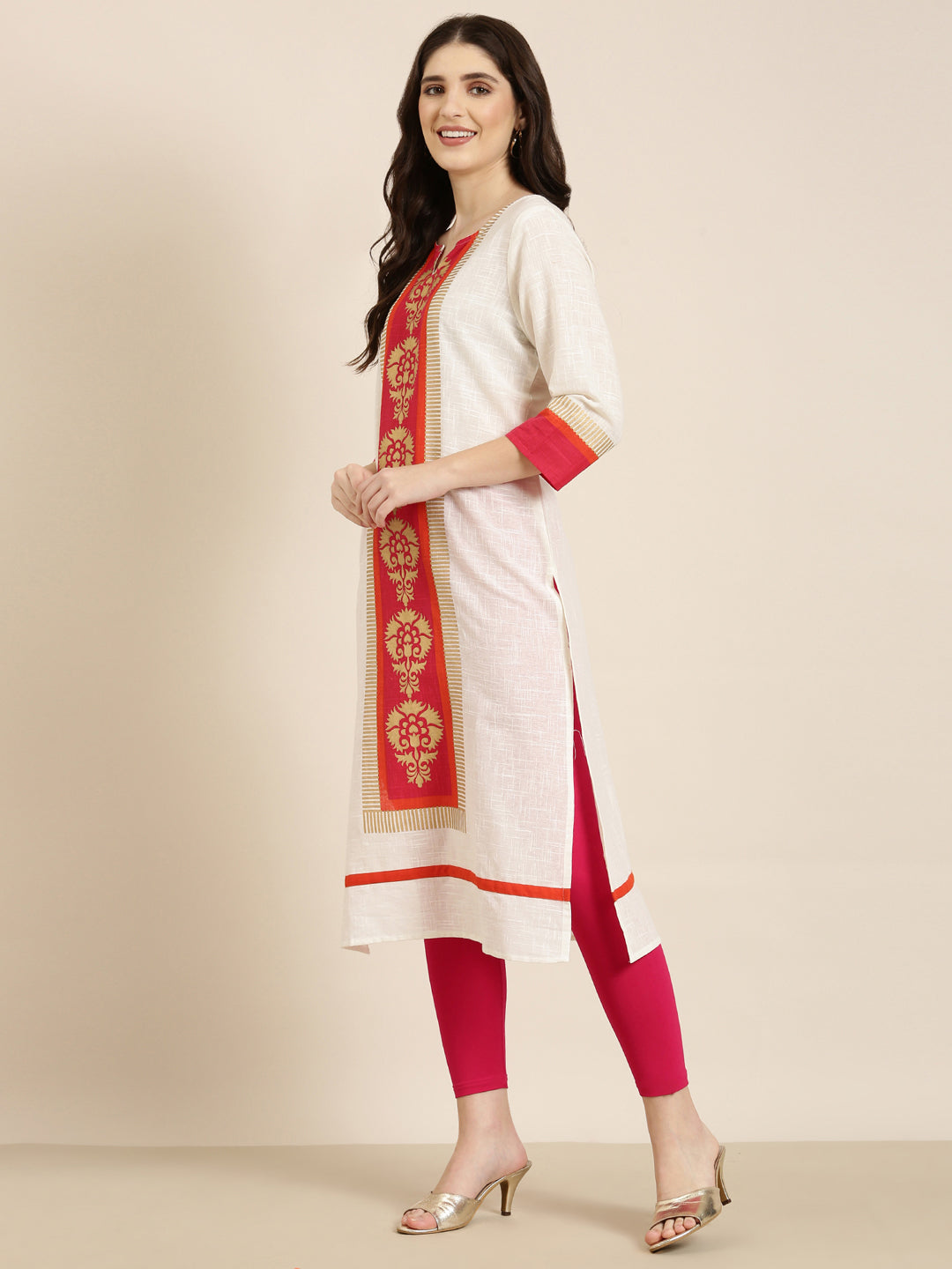 Women Cream Printed Straight Kurta