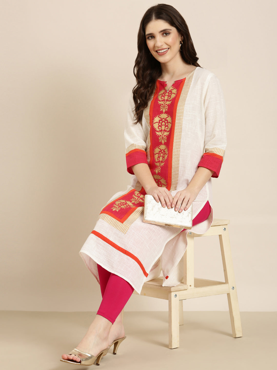 Women Cream Printed Straight Kurta