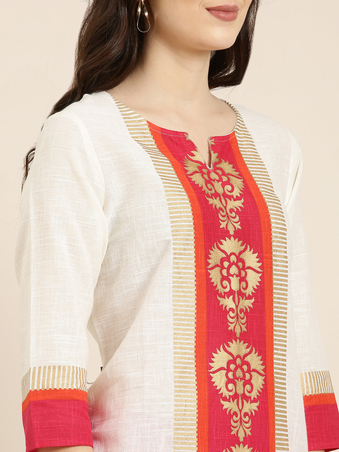 Women Cream Printed Straight Kurta