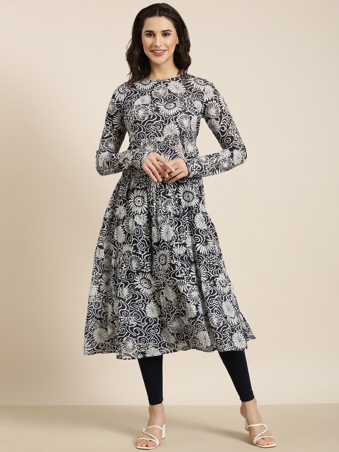 Women Anarkali Navy Blue Floral Kurta