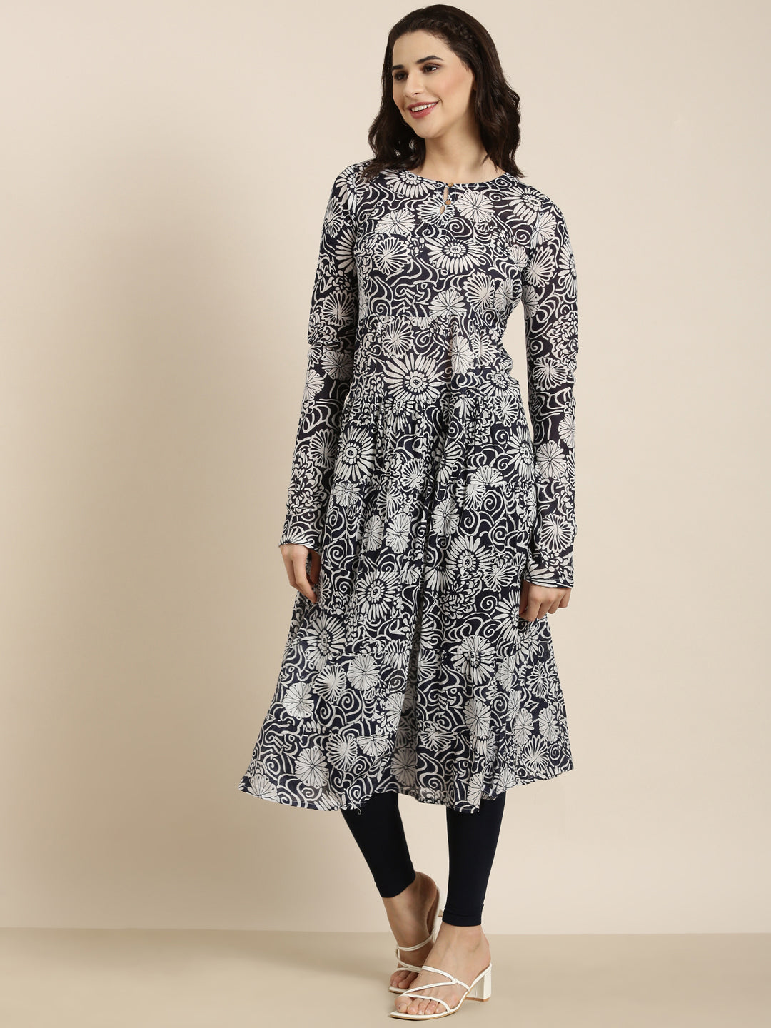 Women Anarkali Navy Blue Floral Kurta