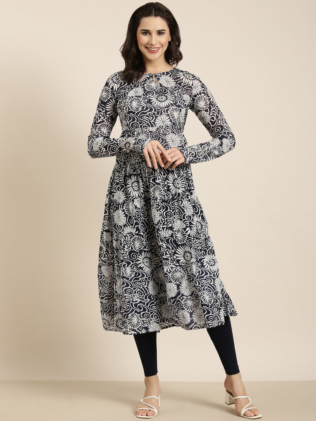 Women Anarkali Navy Blue Floral Kurta