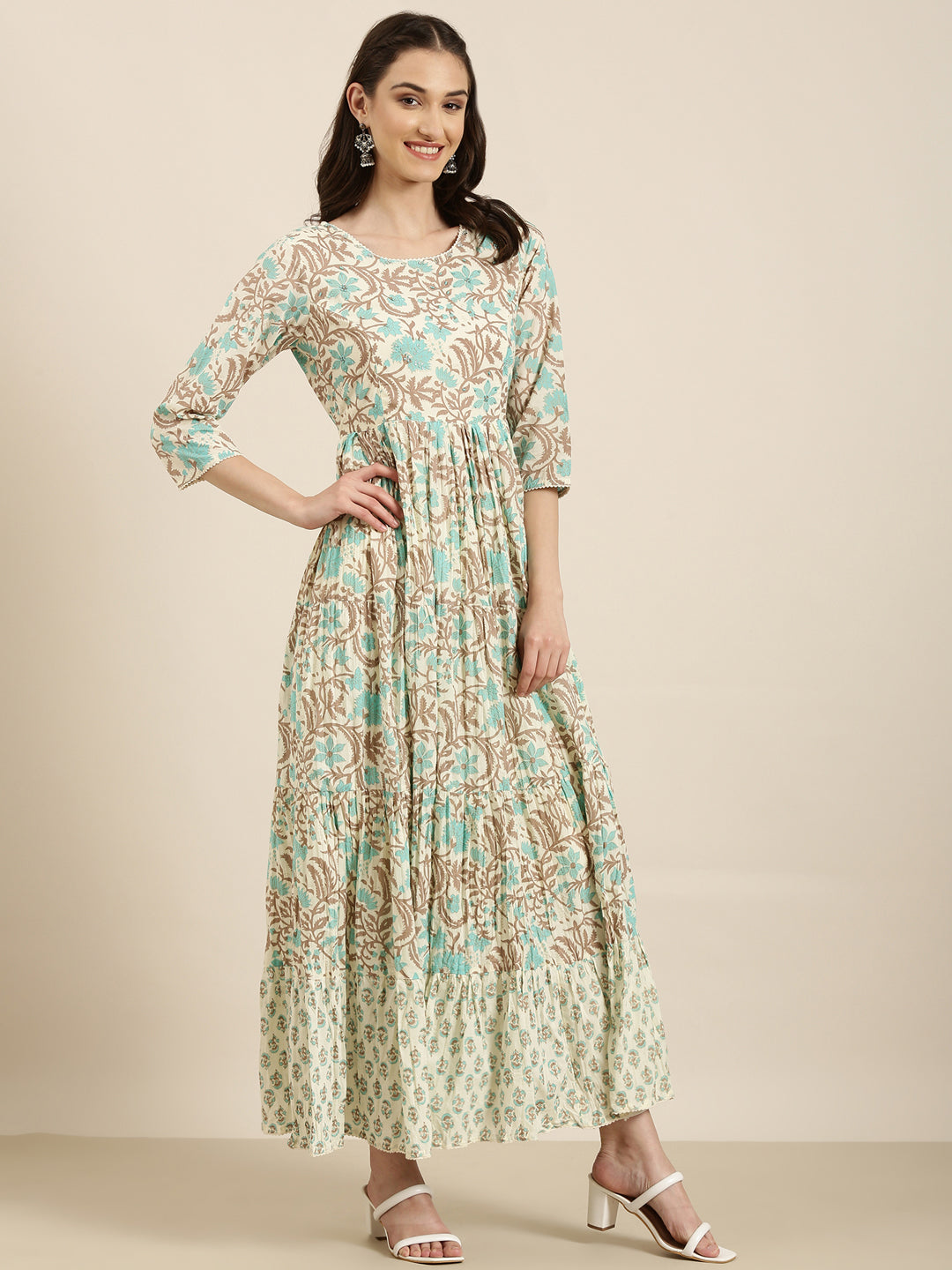 Women Cream Floral Anarkali Kurta