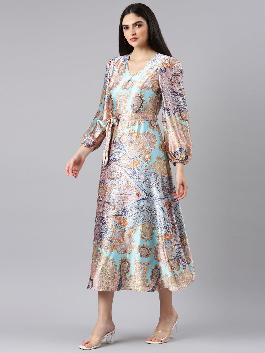 Women's Blue Floral Print Bell Sleeve Satin Maxi Dress
