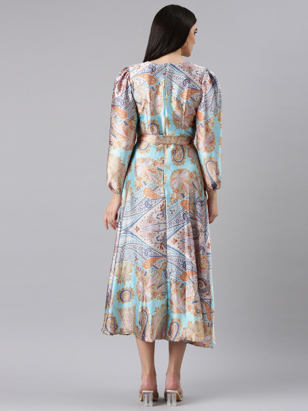 Women's Blue Floral Print Bell Sleeve Satin Maxi Dress