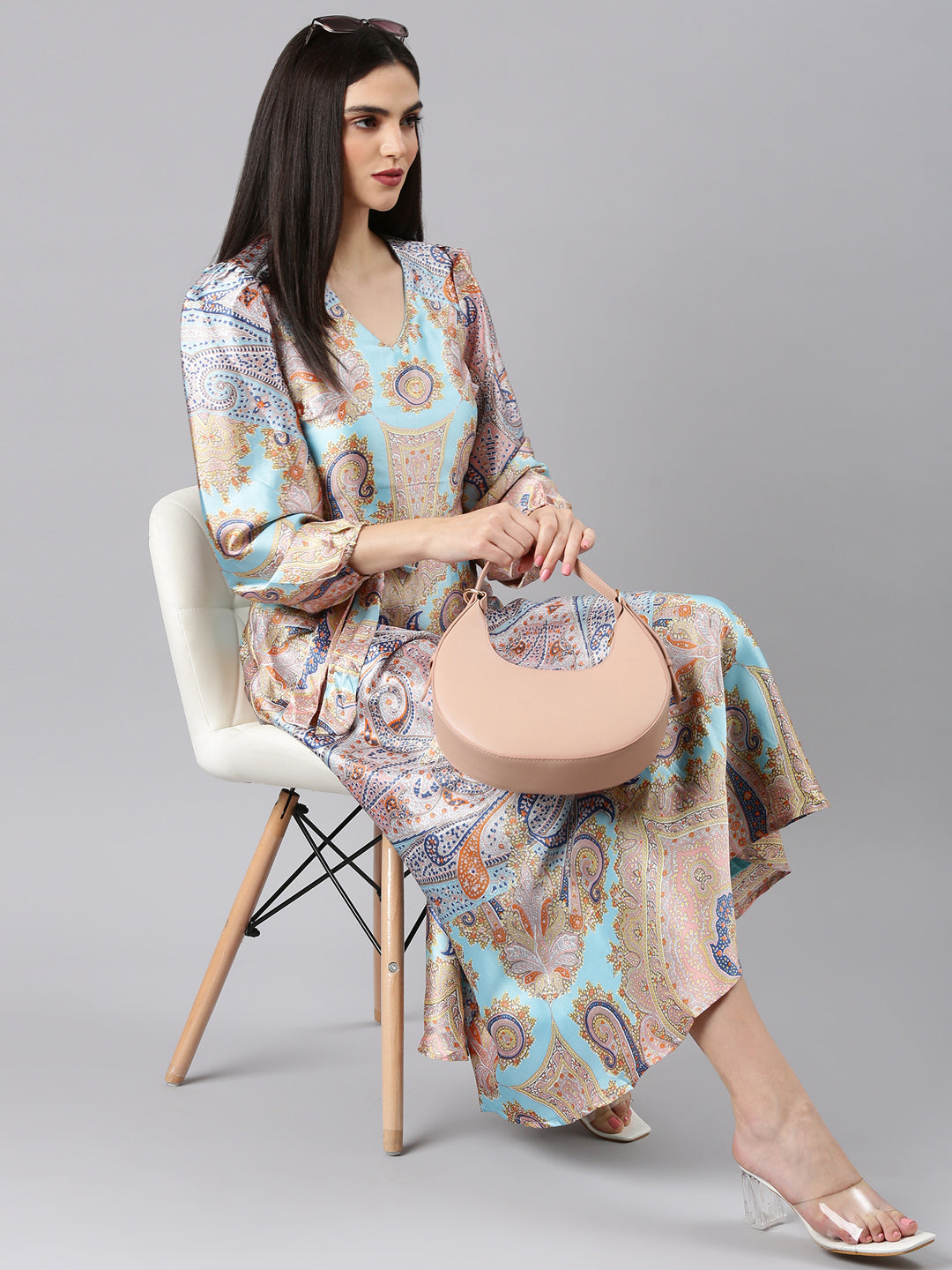 Women's Blue Floral Print Bell Sleeve Satin Maxi Dress