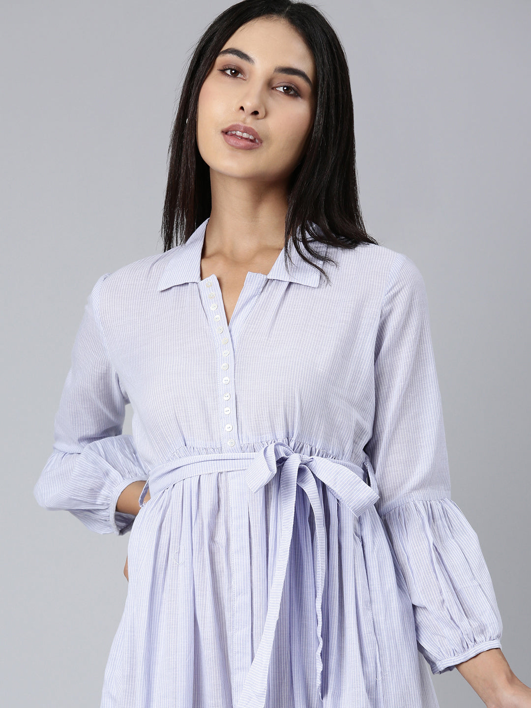 Women's Blue Striped Belt Collar Puff Sleeves Cotton Fit and Flare Dress