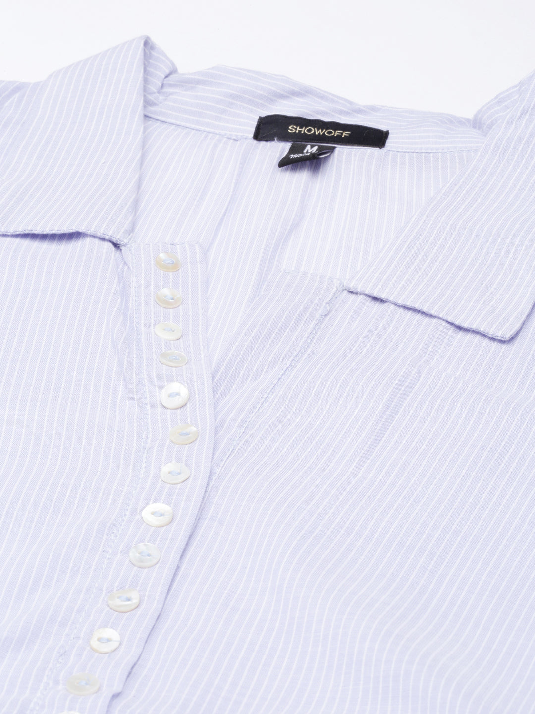 Women's Blue Striped Belt Collar Puff Sleeves Cotton Fit and Flare Dress