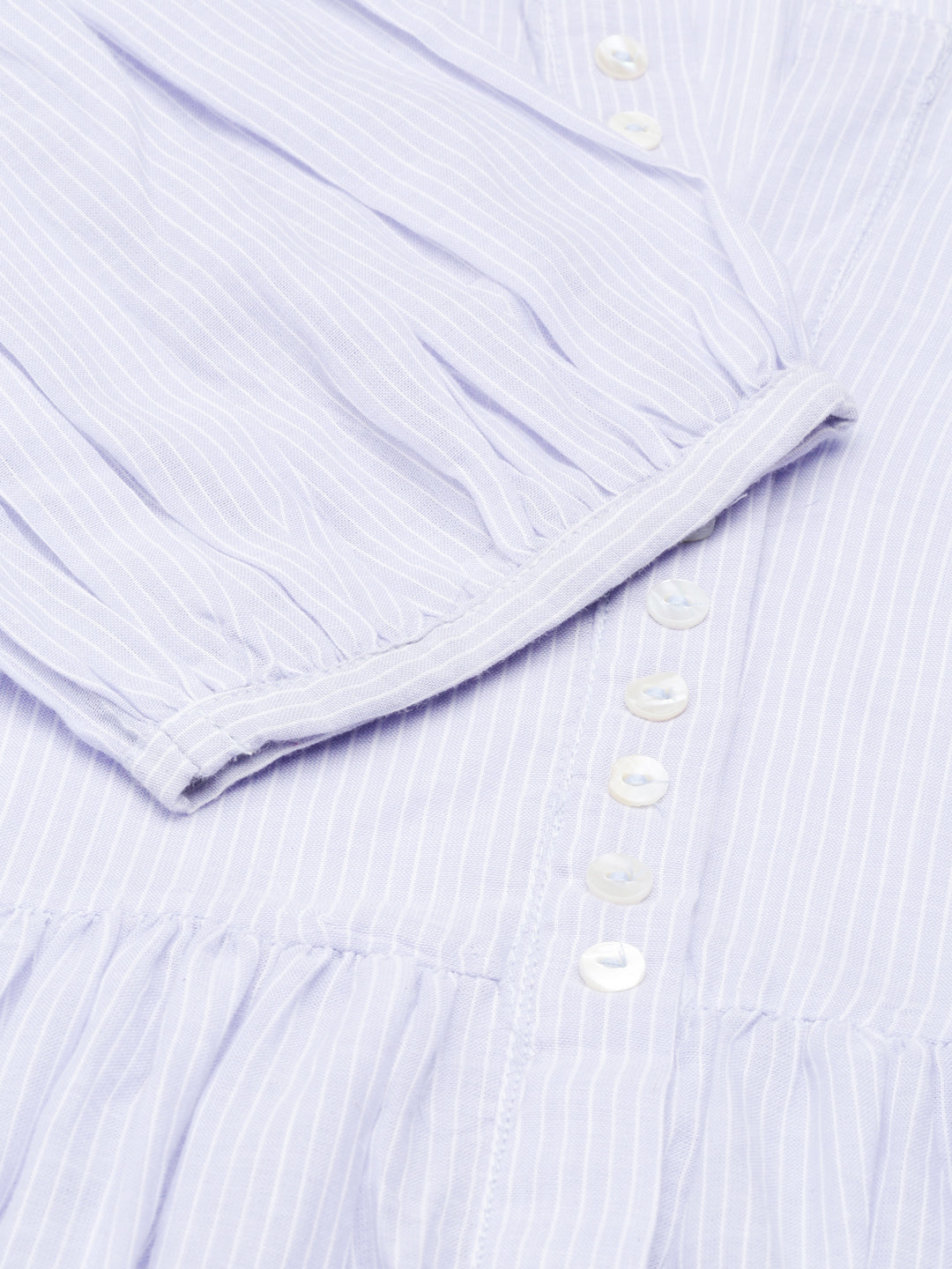 Women's Blue Striped Belt Collar Puff Sleeves Cotton Fit and Flare Dress