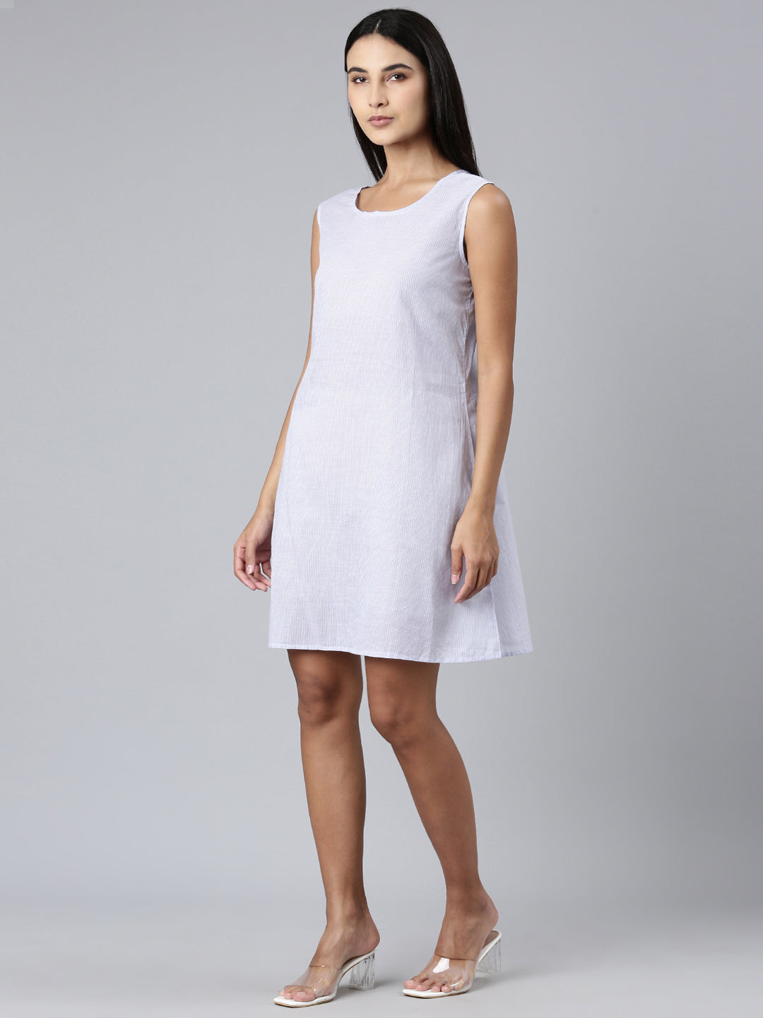 Women's Blue Striped Belt Collar Puff Sleeves Cotton Fit and Flare Dress