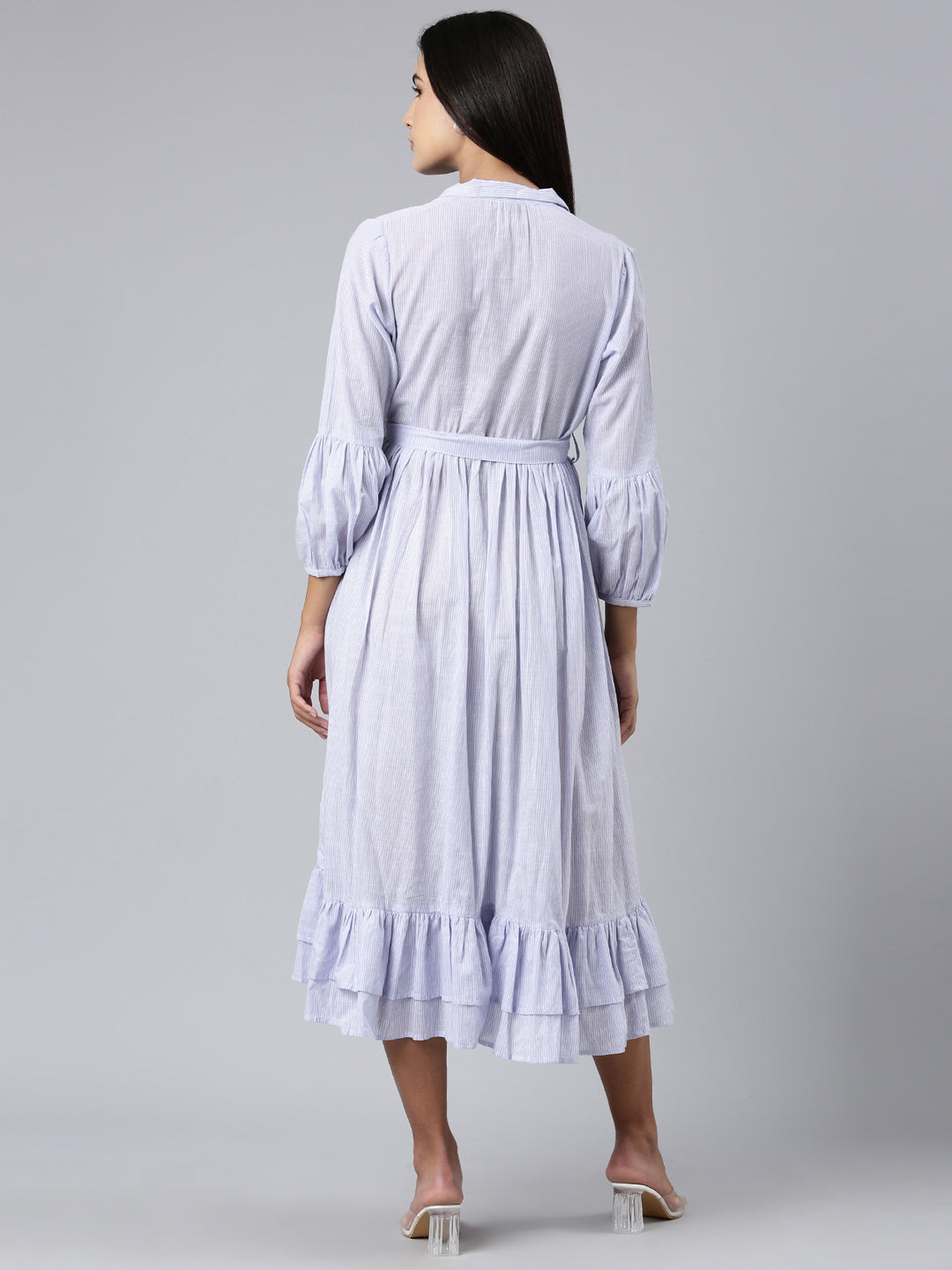 Women's Blue Striped Belt Collar Puff Sleeves Cotton Fit and Flare Dress