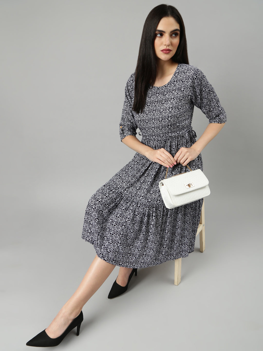 Women Navy Blue Printed Fit and Flare Dress