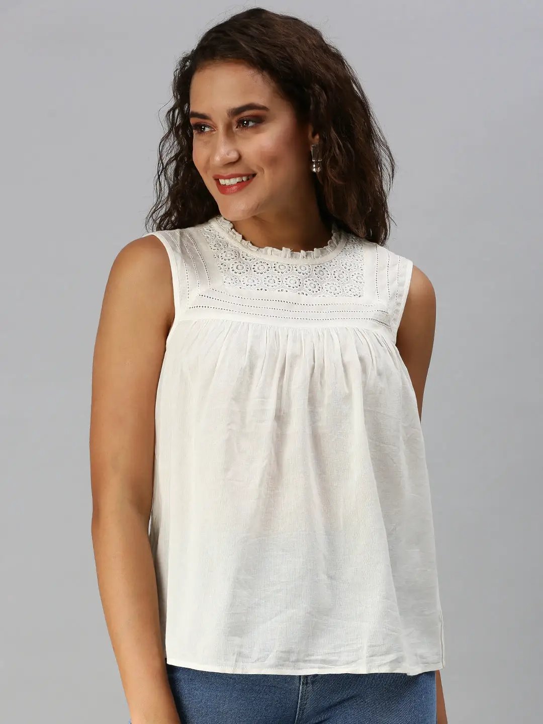 Women's White Solid Tops