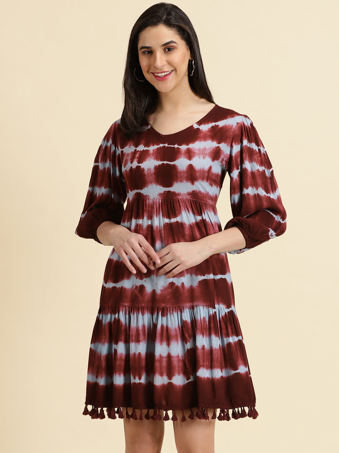 Women's Burgundy Tie Dye Fit and Flare Dress