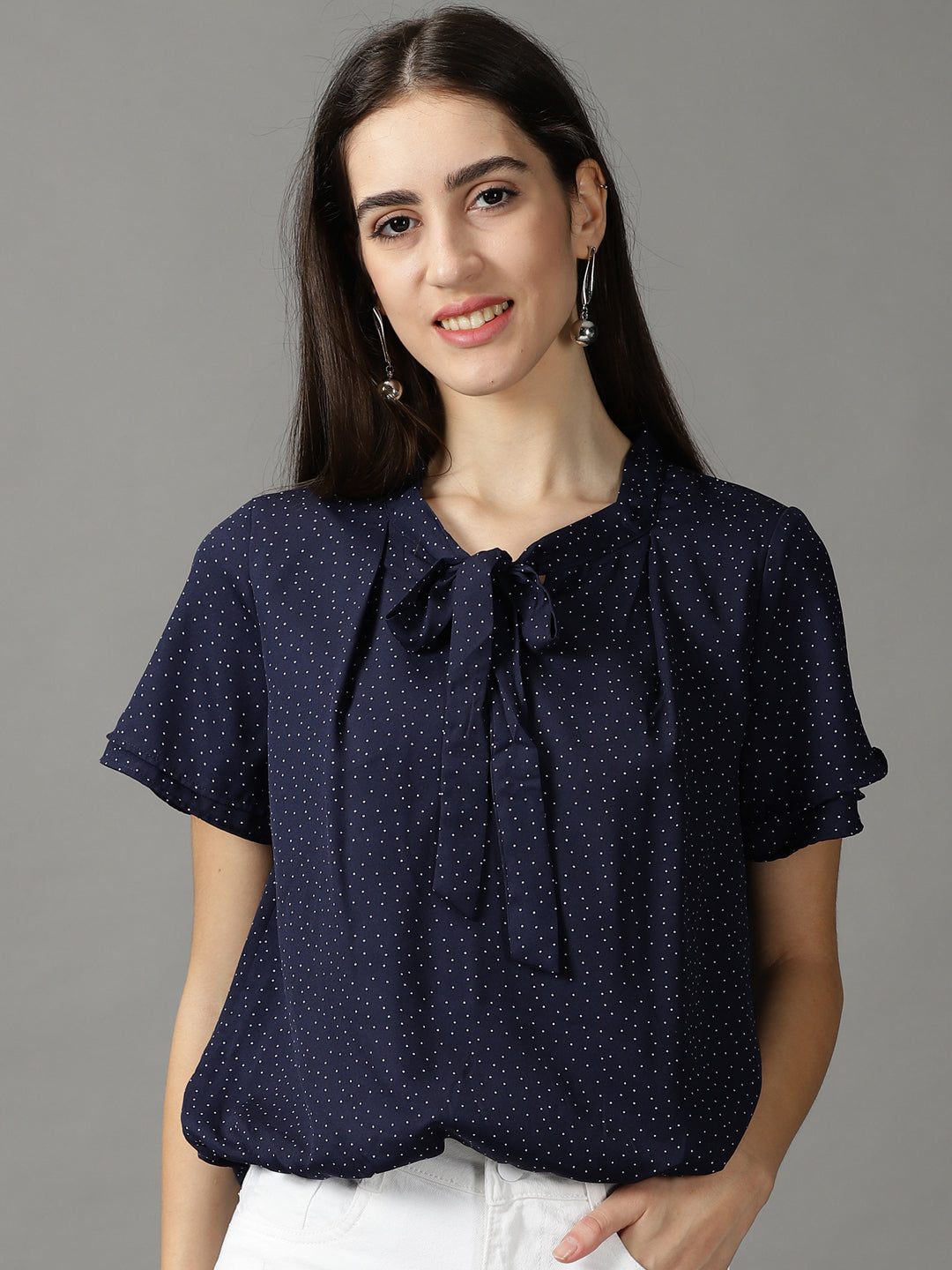 Women's Navy Blue Printed Blouson Top