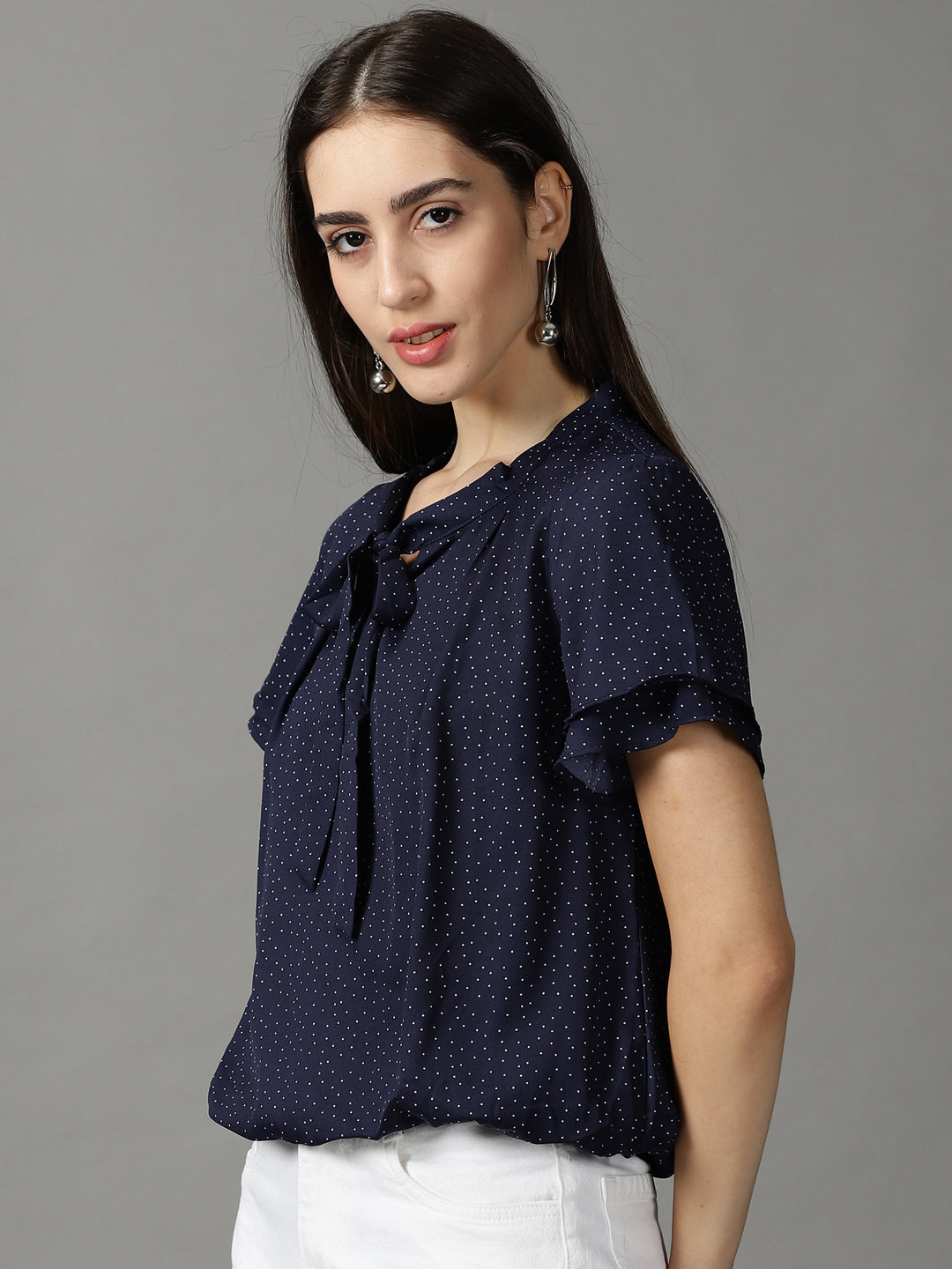 Women's Navy Blue Printed Blouson Top