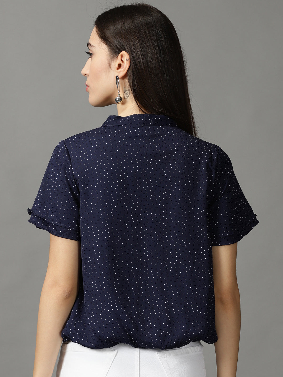 Women's Navy Blue Printed Blouson Top