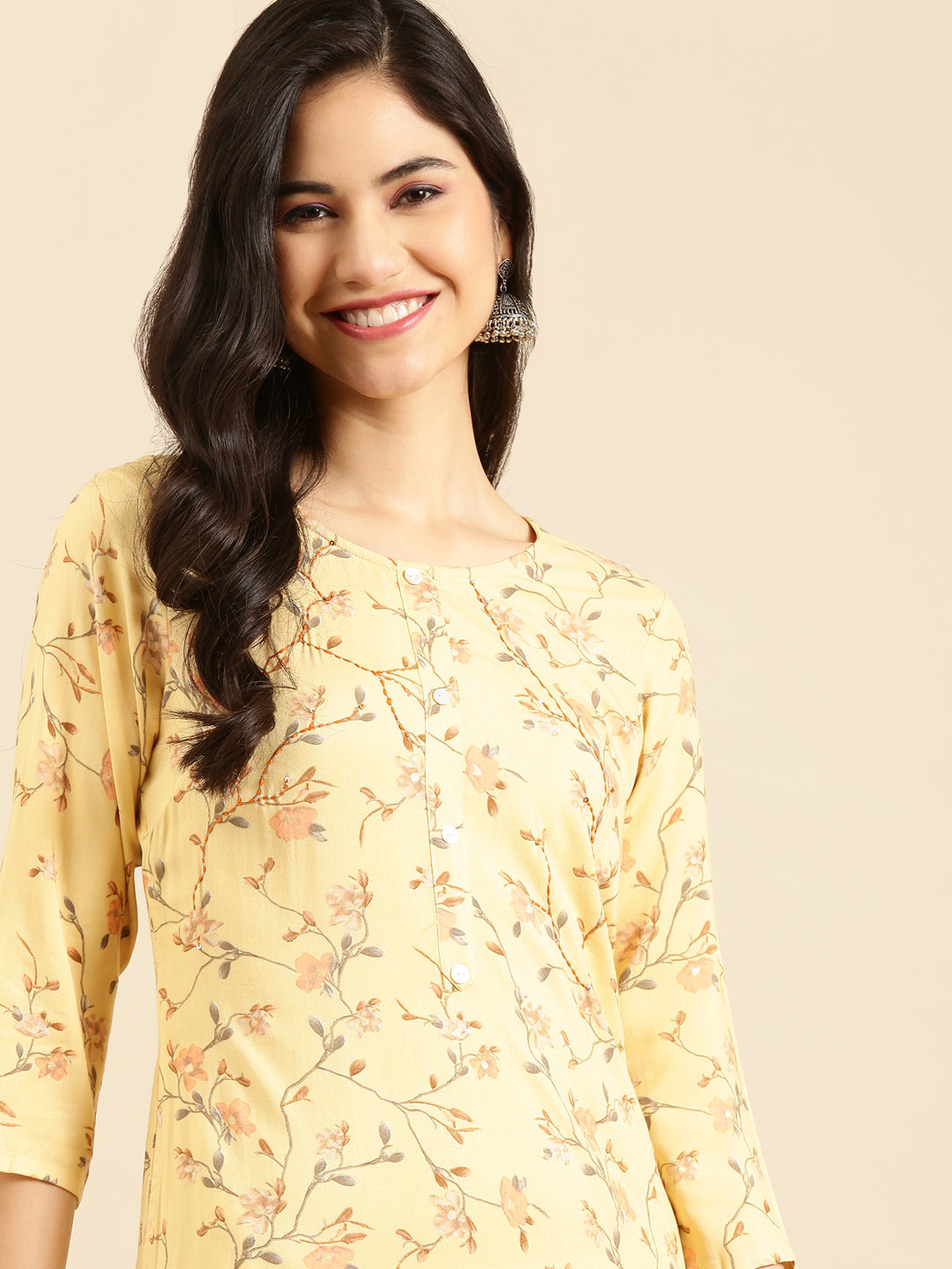 Women's Yellow Embellished Straight Kurta