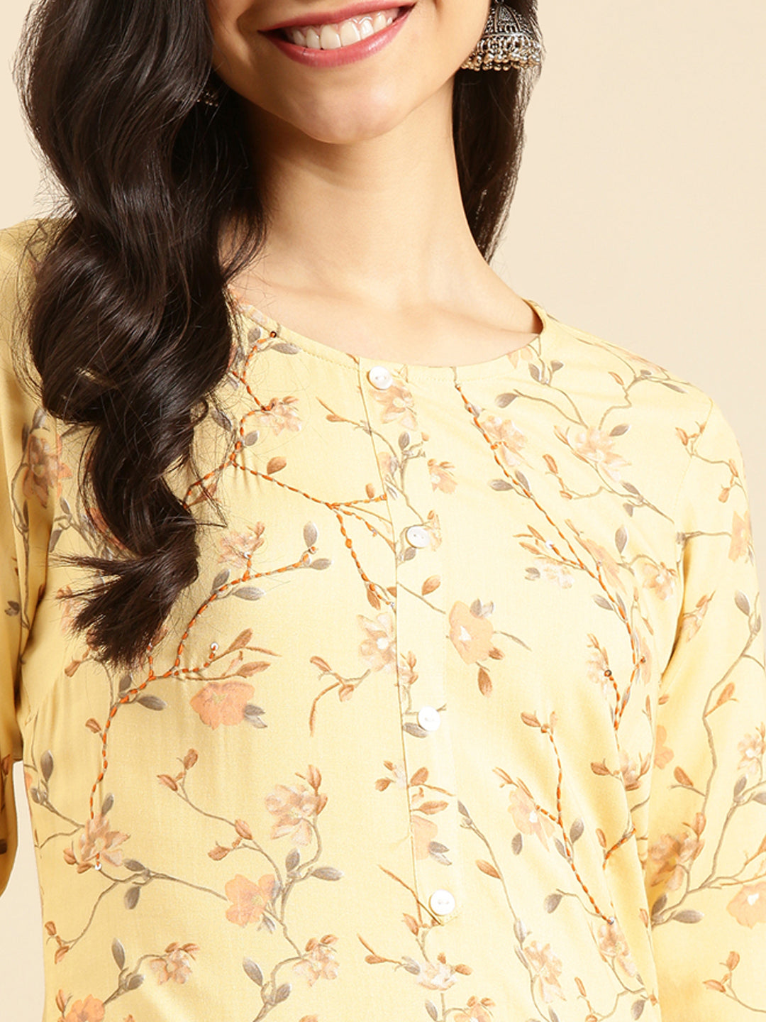 Women's Yellow Embellished Straight Kurta