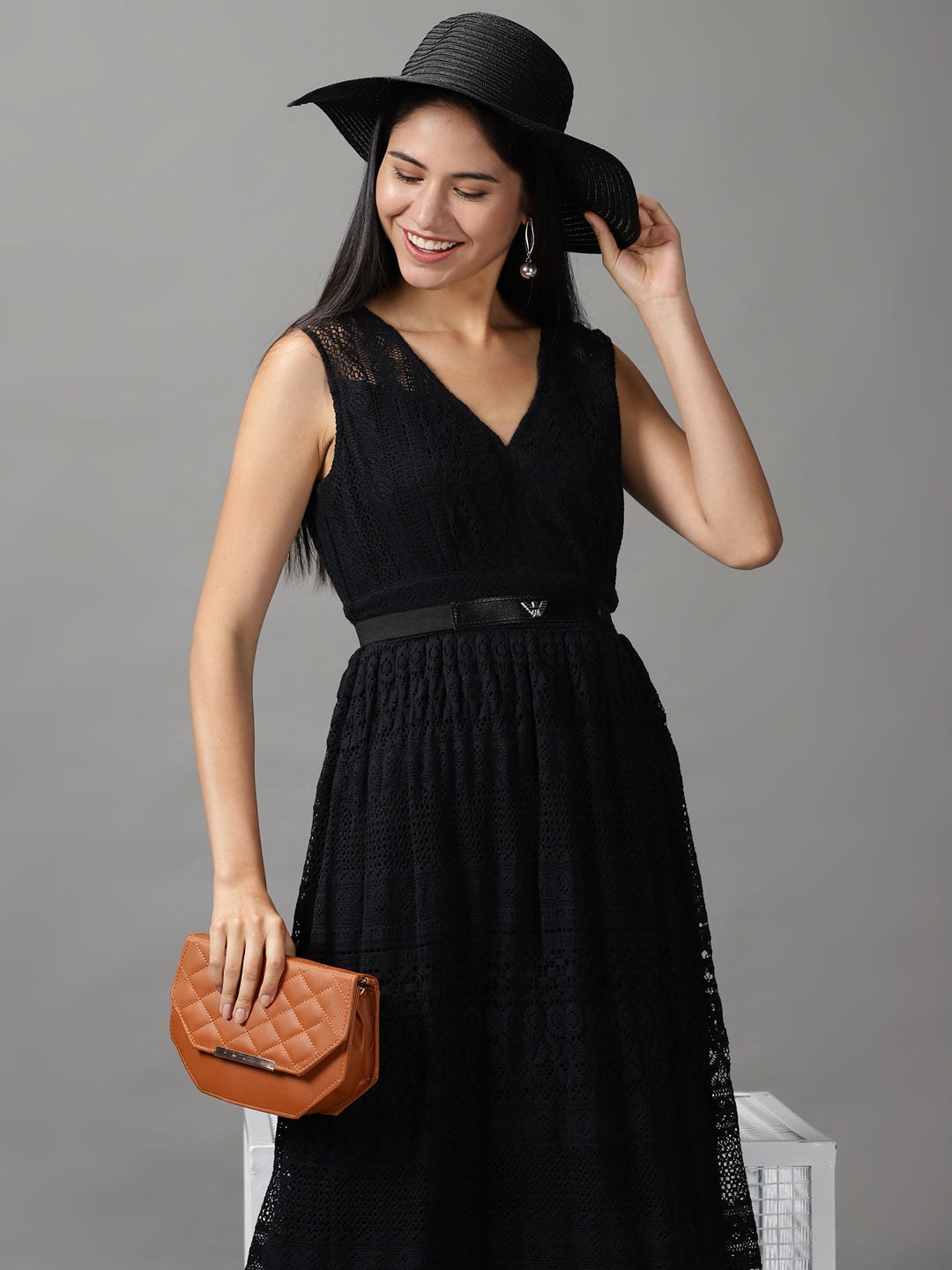 Women's Black Solid Fit and Flare Dress