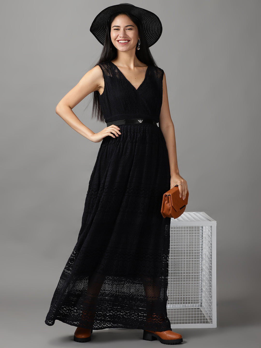 Women's Black Solid Fit and Flare Dress