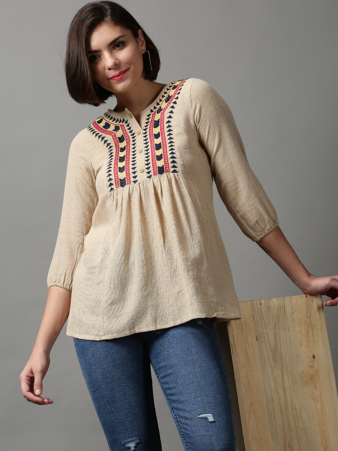 Women's Beige Solid Top