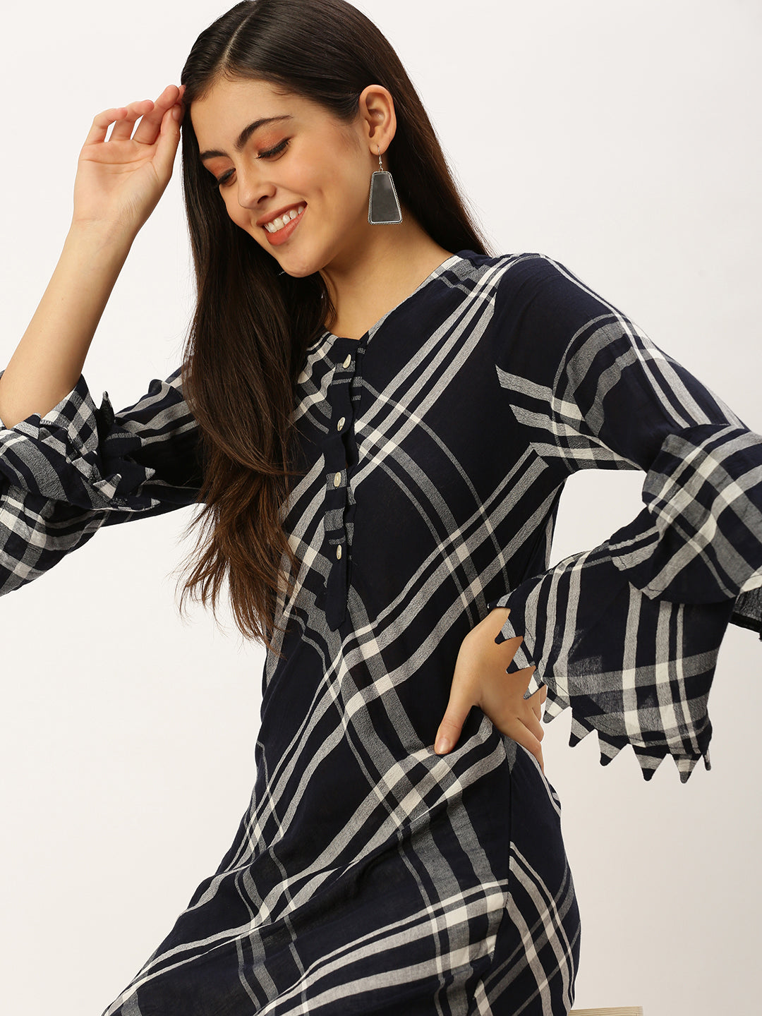 Women's Blue Checked A-Line Kurtas