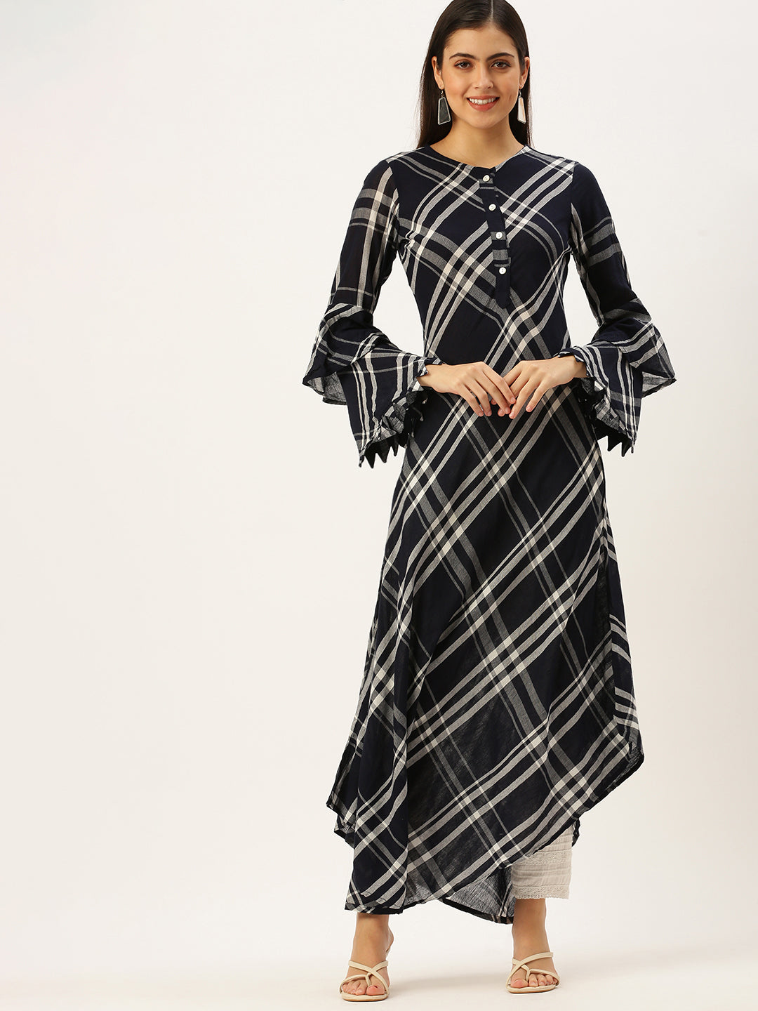 Women's Blue Checked A-Line Kurtas