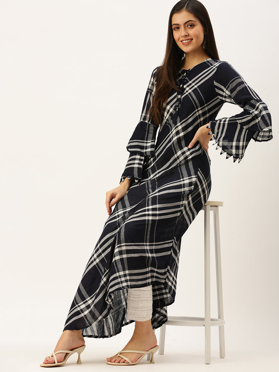 Women's Blue Checked A-Line Kurtas