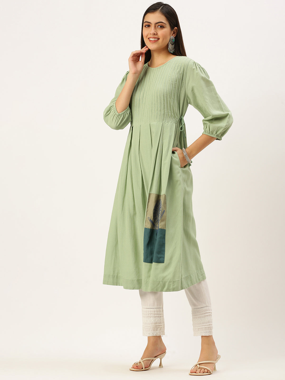 Women's Green Embroidered A-Line Kurtas