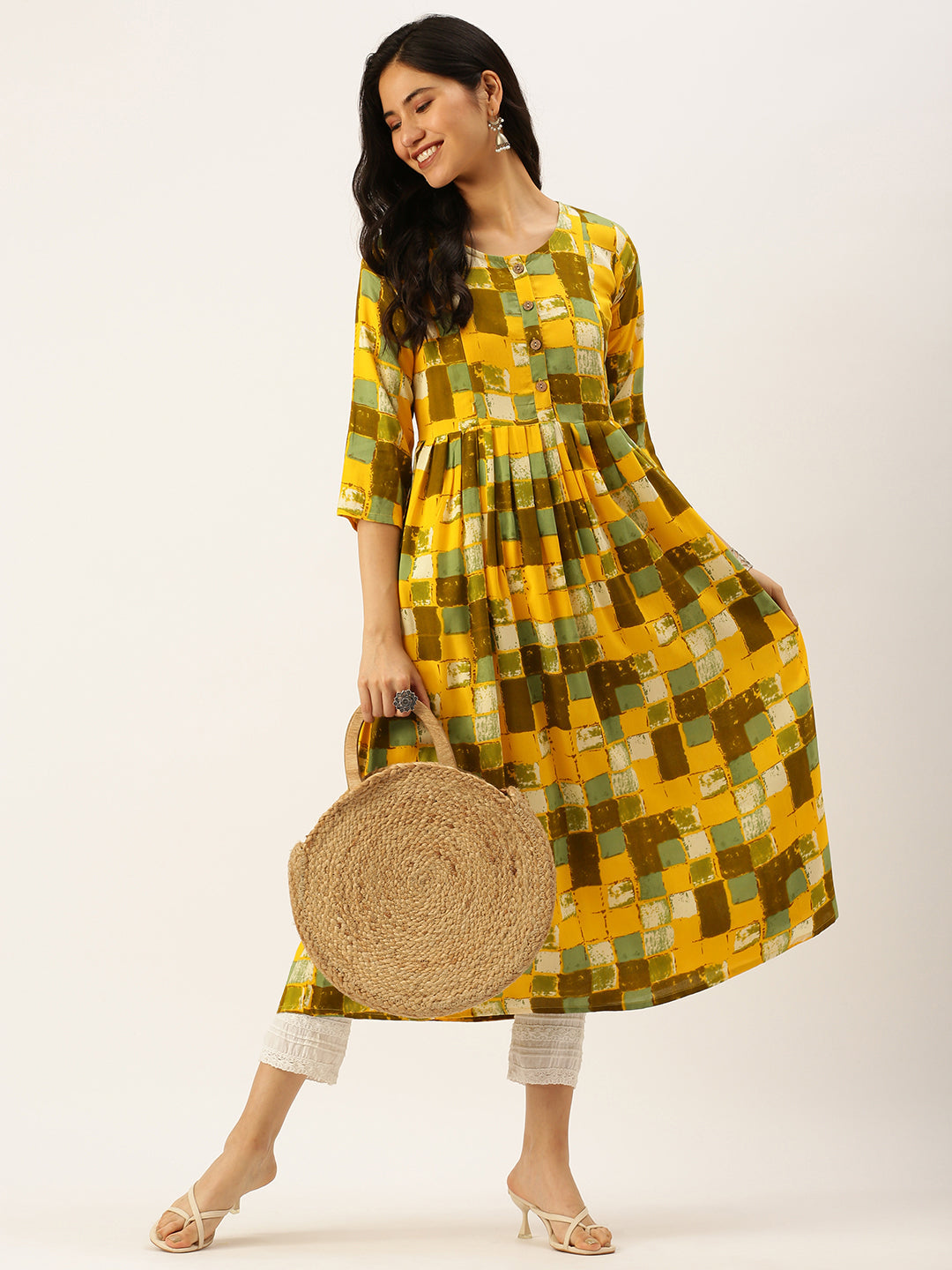 Women's Yellow Printed A-Line Kurtas