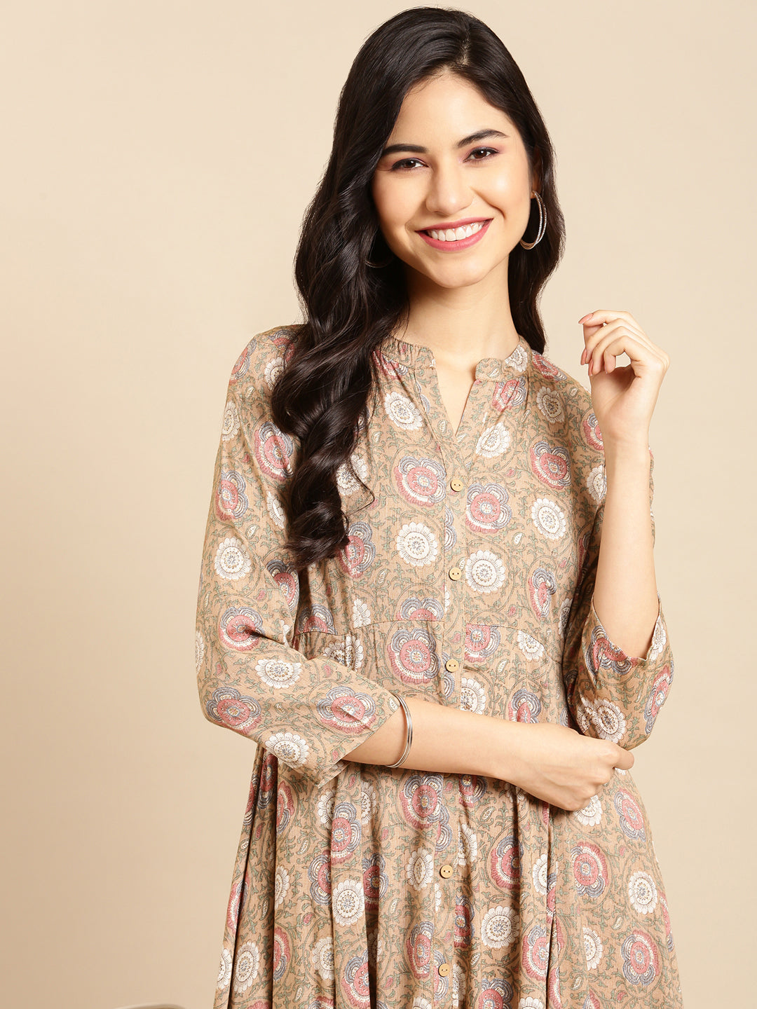 Women's Beige Printed Anarkali Kurta