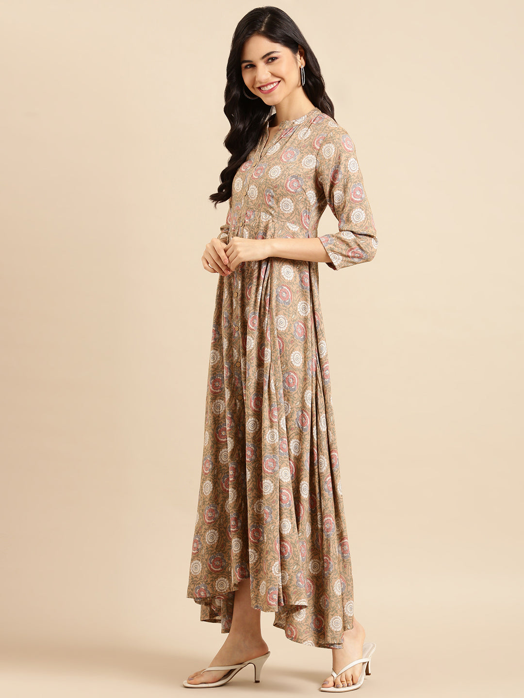 Women's Beige Printed Anarkali Kurta