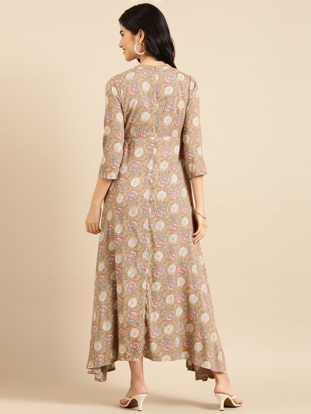 Women's Beige Printed Anarkali Kurta