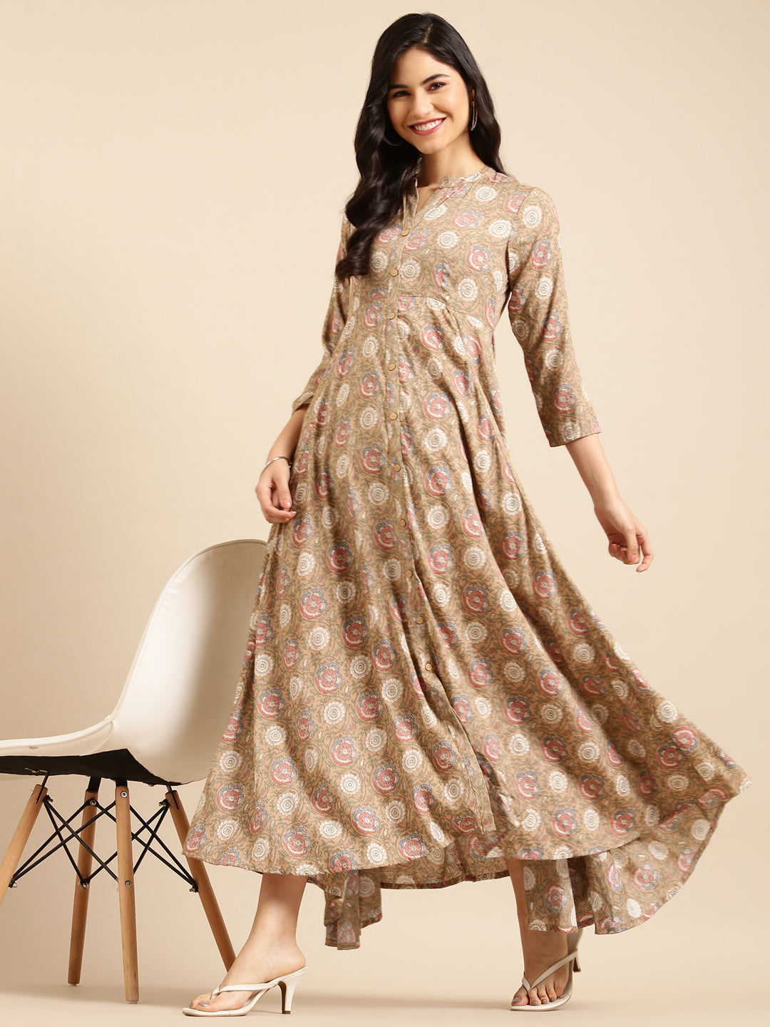 Women's Beige Printed Anarkali Kurta