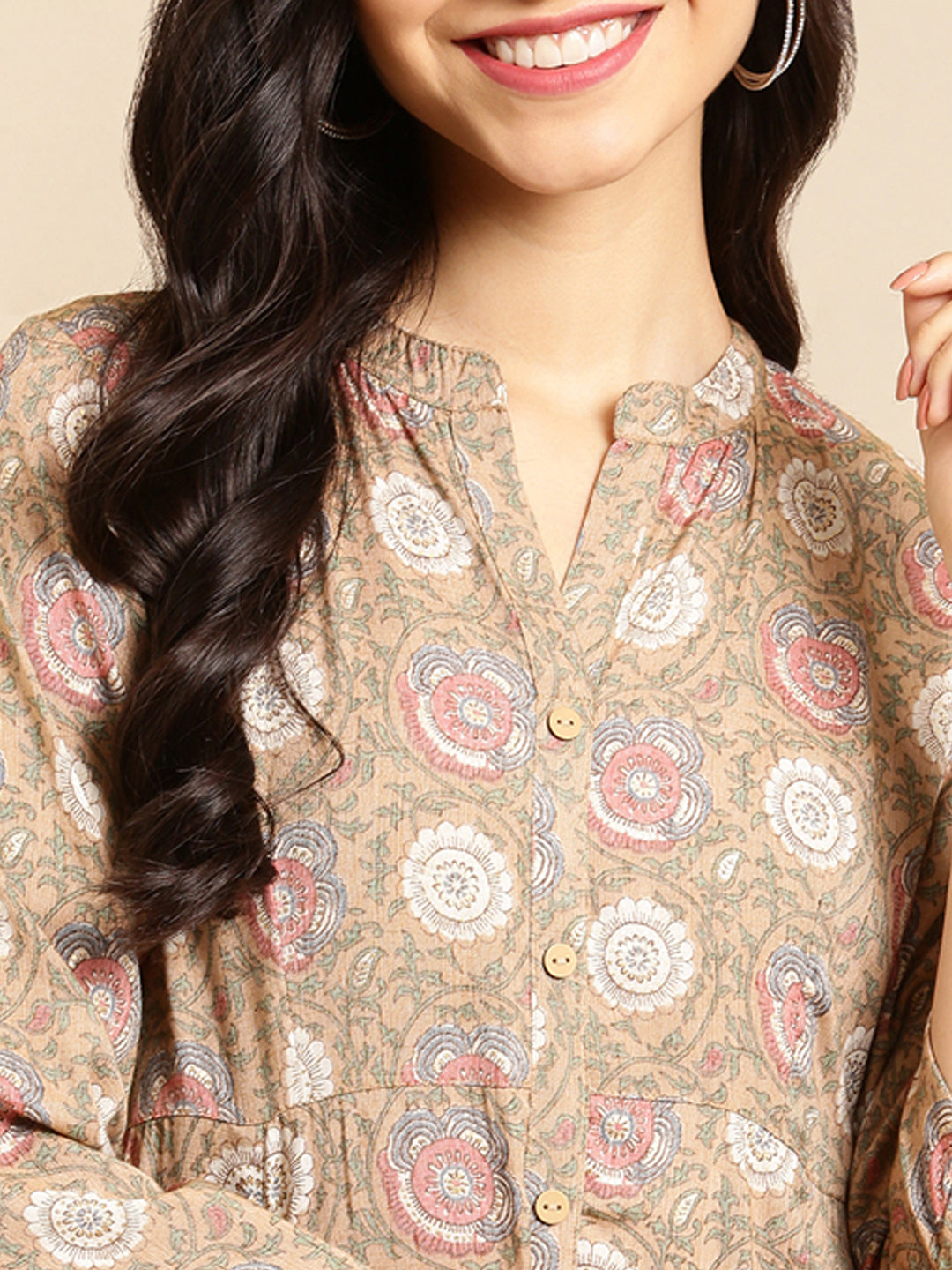 Women's Beige Printed Anarkali Kurta