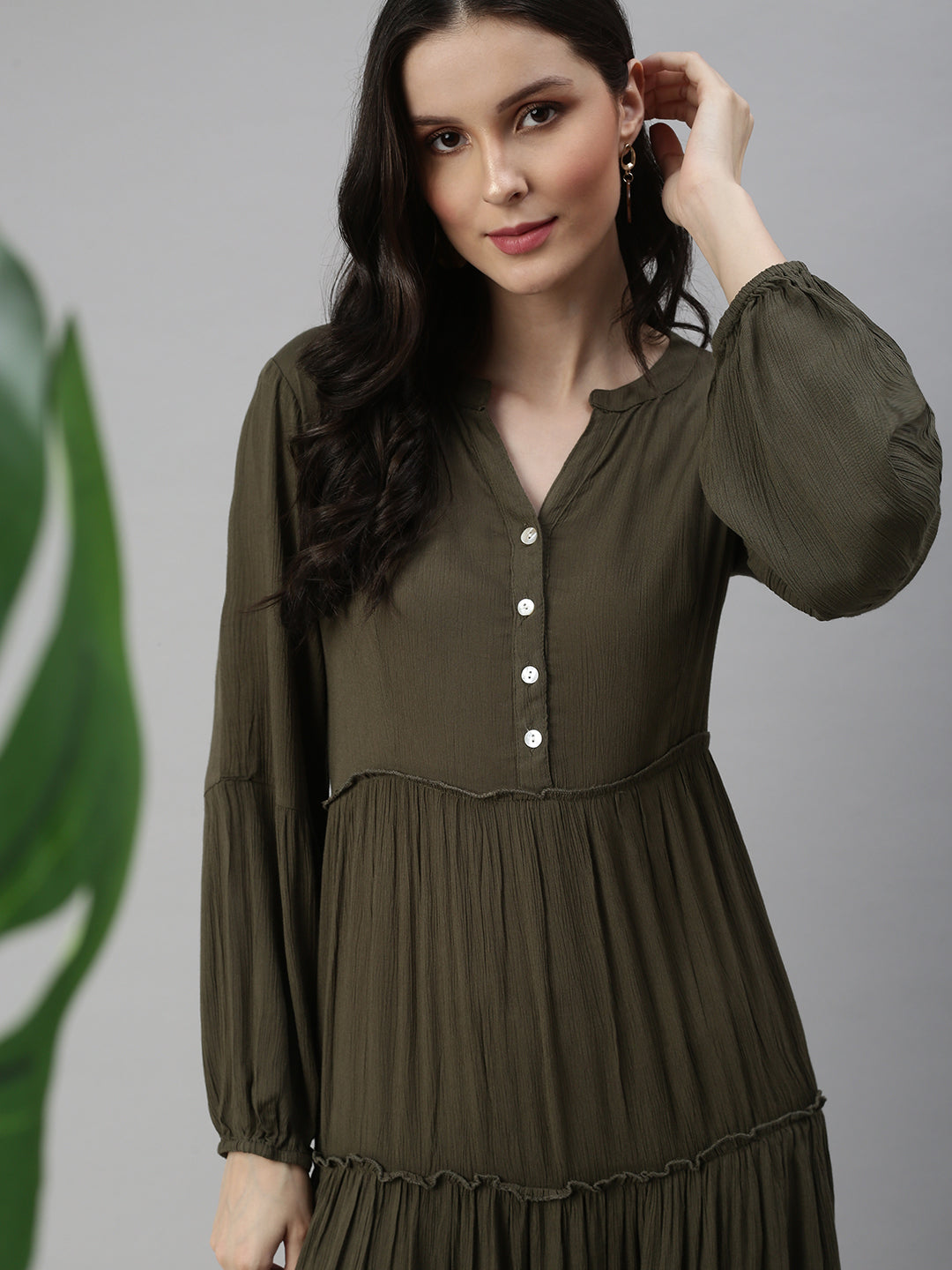 Women Olive Solid Fit and Flare Dress